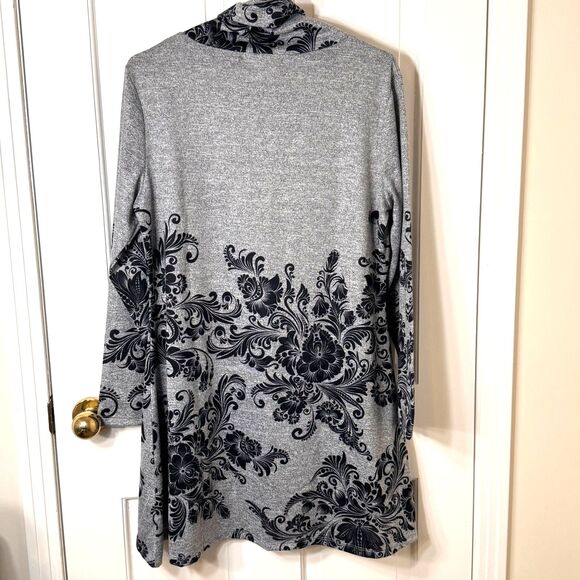 NWT Indigo Soul Floral Scroll Print Cowl Neck Grey Tunic Womens L Stretch Hi-Lo - Picture 2 of 16